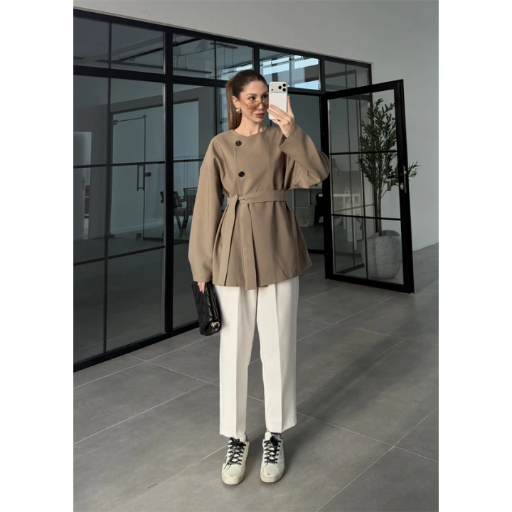 Elara Üç Düğme Kuşaklı Haki Ceket