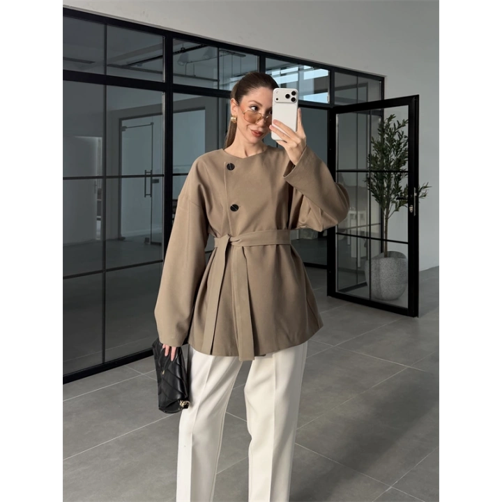 Elara Üç Düğme Kuşaklı Haki Ceket