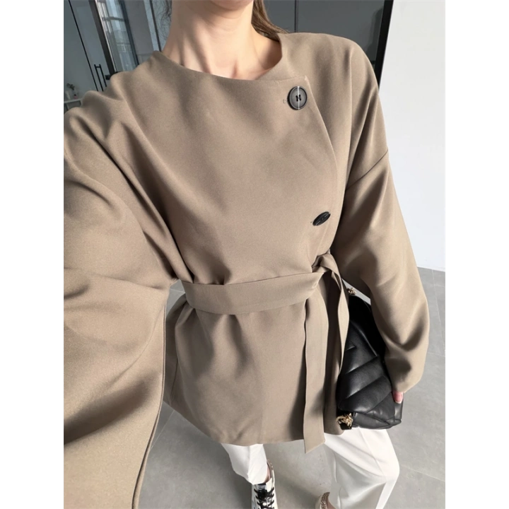 Elara Üç Düğme Kuşaklı Haki Ceket