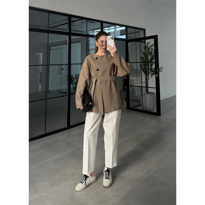 Elara Üç Düğme Kuşaklı Haki Ceket