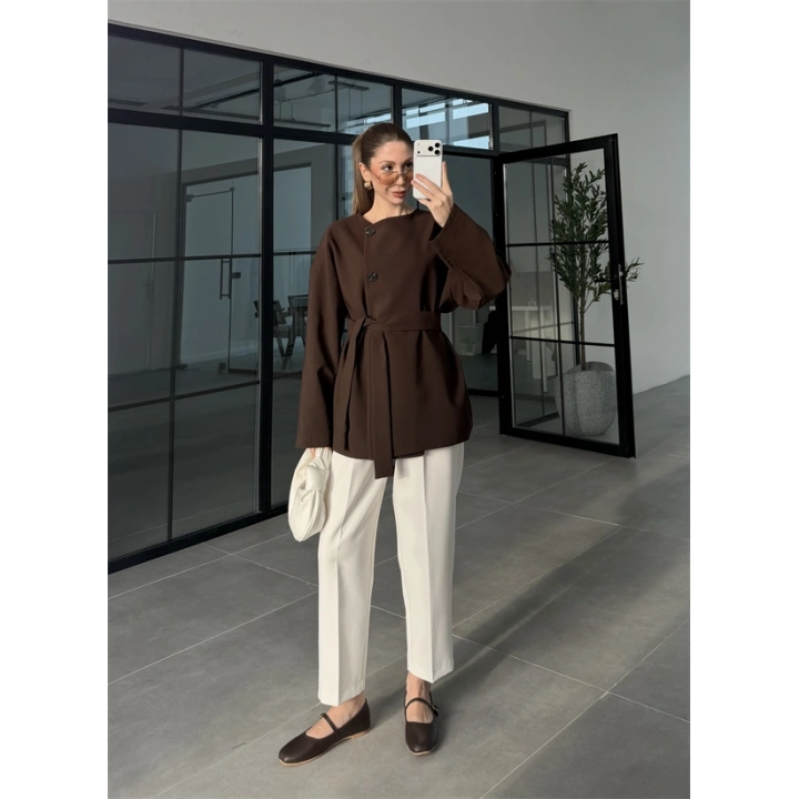 Elara Üç Düğme Kuşaklı Kahve Ceket