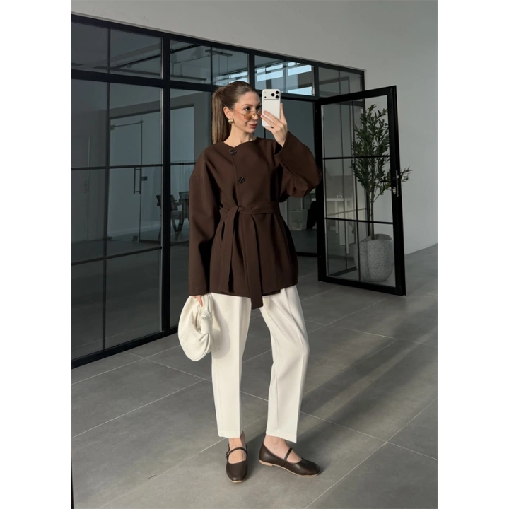 Elara Üç Düğme Kuşaklı Kahve Ceket