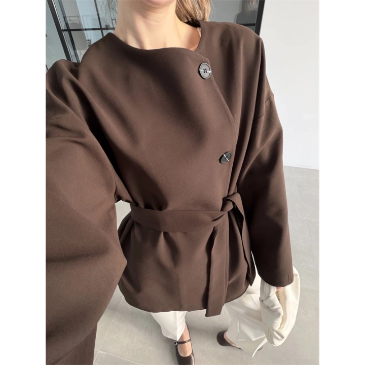 Elara Üç Düğme Kuşaklı Kahve Ceket