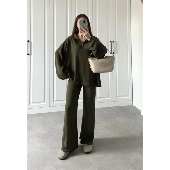 Fermuarlı Oversize Haki Triko Takım