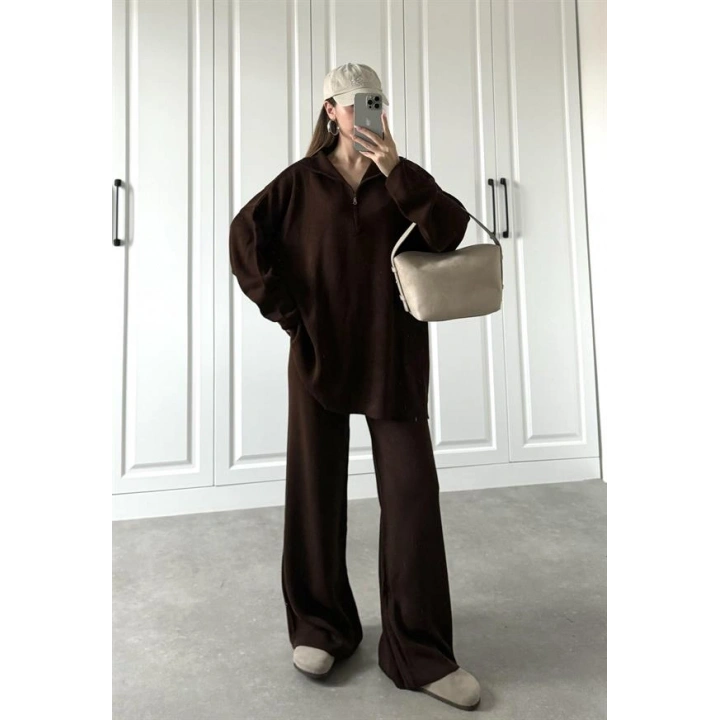Fermuarlı Oversize Kahve Triko Takım