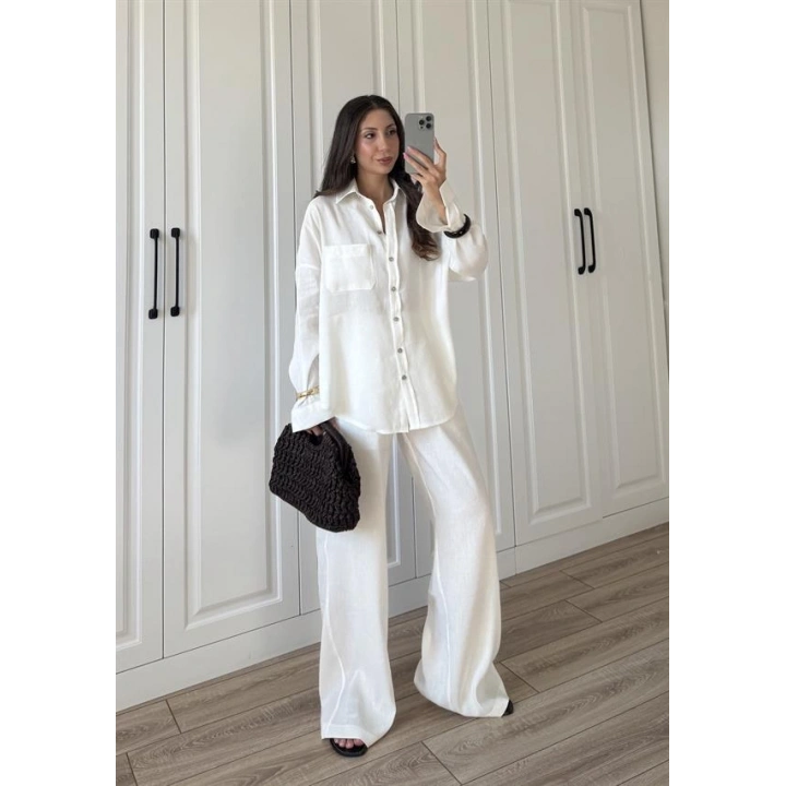 Fina Oversize Premium Keten Beyaz Takım