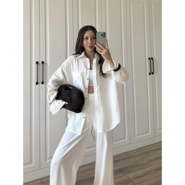 Fina Oversize Premium Keten Beyaz Takım