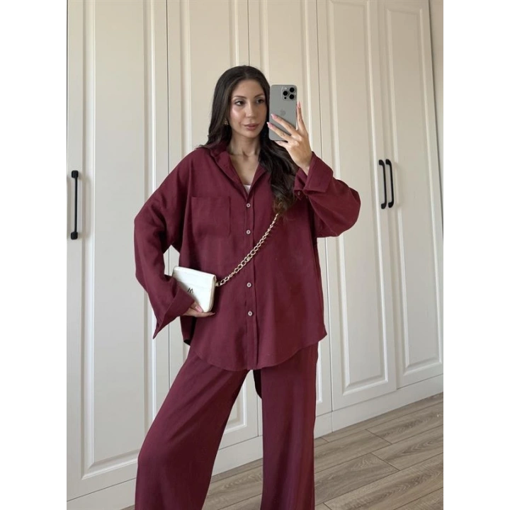 Fina Oversize Premium Keten Bordo Takım