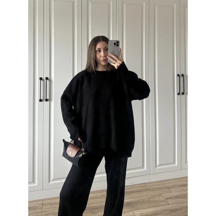 Fitilli Basic Oversize Siyah Triko Takım