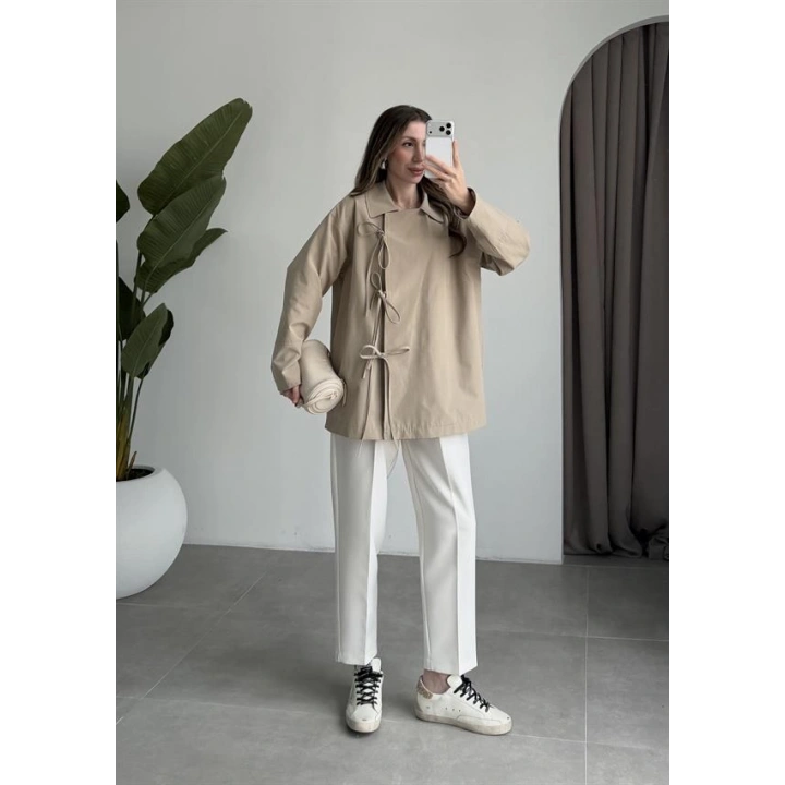 Fiyonk Detaylı Astarlı Haki Trençkot