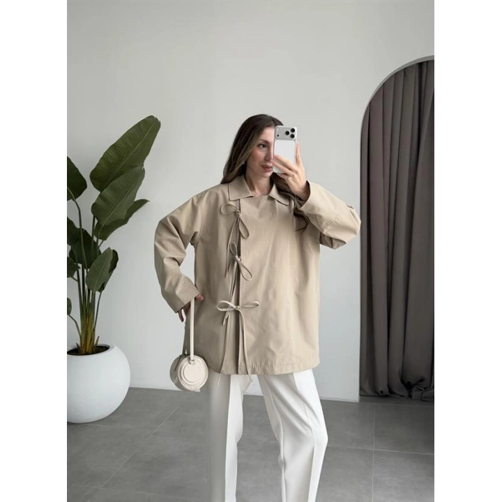 Fiyonk Detaylı Astarlı Haki Trençkot