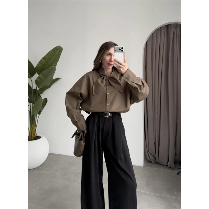 Fiyonklu Tasarım Poplin Haki Poplin Gömlek