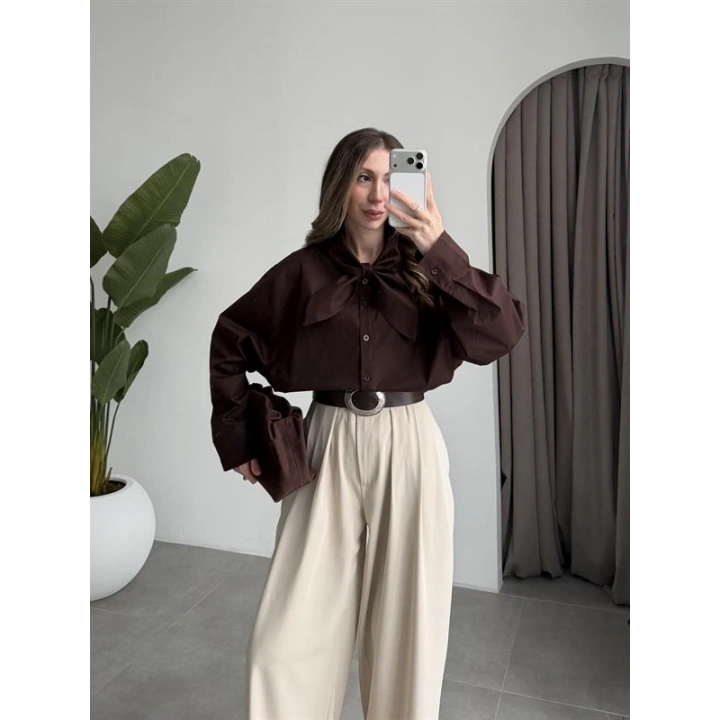 Fiyonklu Tasarım Poplin Kahve Poplin Gömlek