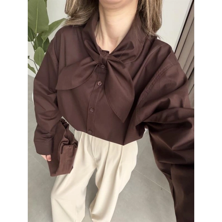 Fiyonklu Tasarım Poplin Kahve Poplin Gömlek