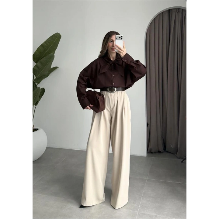 Fiyonklu Tasarım Poplin Kahve Poplin Gömlek