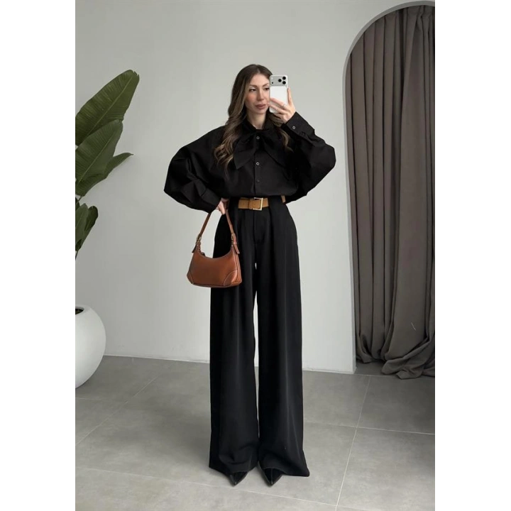 Fiyonklu Tasarım Poplin Siyah Poplin Gömlek