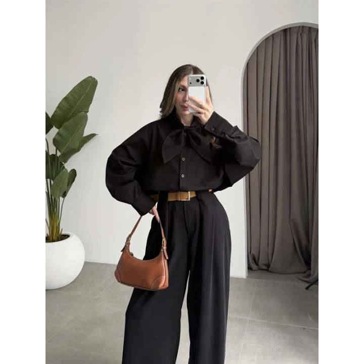 Fiyonklu Tasarım Poplin Siyah Poplin Gömlek