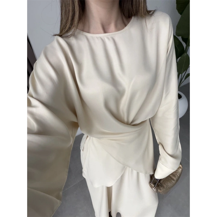 Floş Saten Bağlamalı Ekru Etek Takım