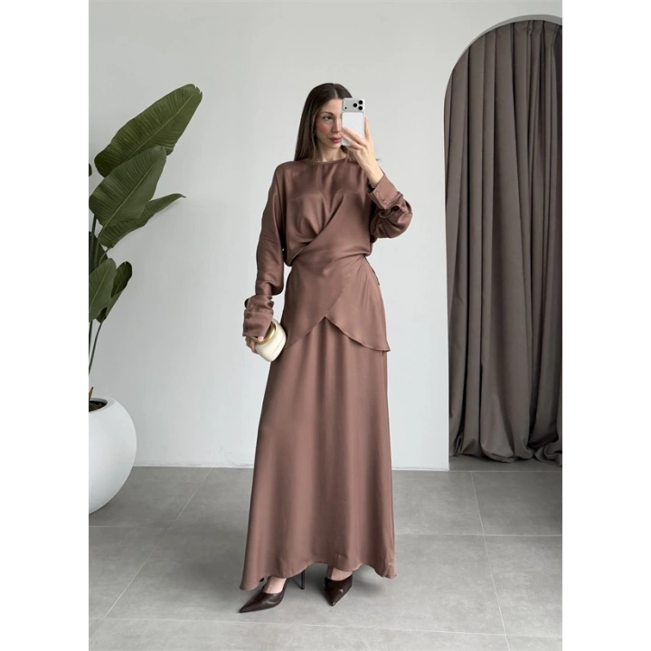 Floş Saten Bağlamalı Kahve Etek Takım