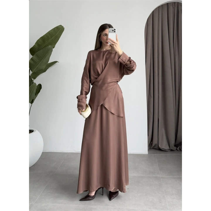 Floş Saten Bağlamalı Kahve Etek Takım