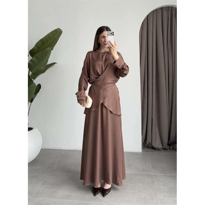 Floş Saten Bağlamalı Kahve Etek Takım