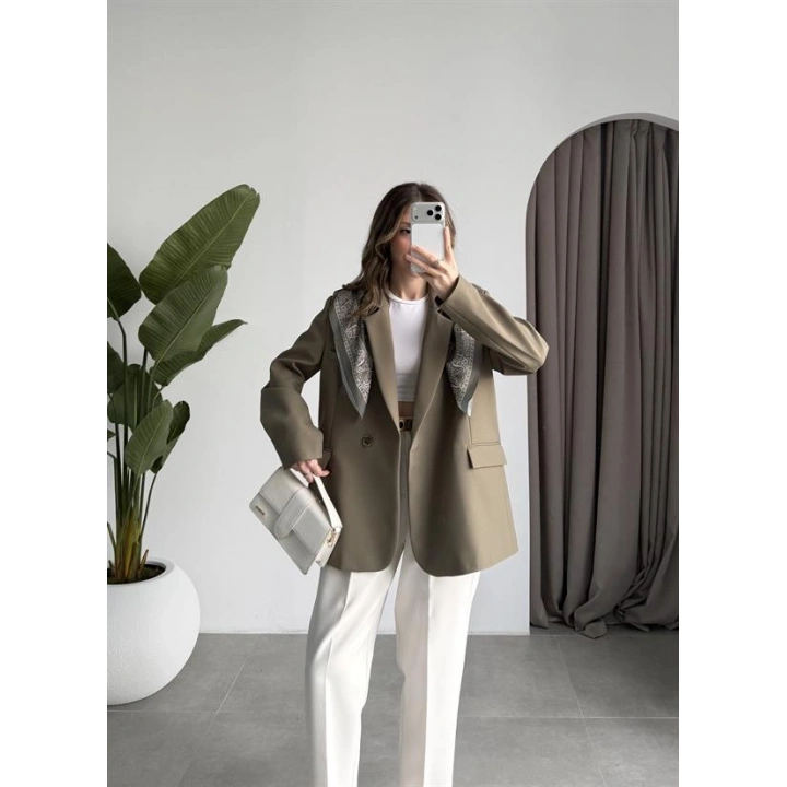 Fular Detaylı Astarlı Haki Blazer Ceket