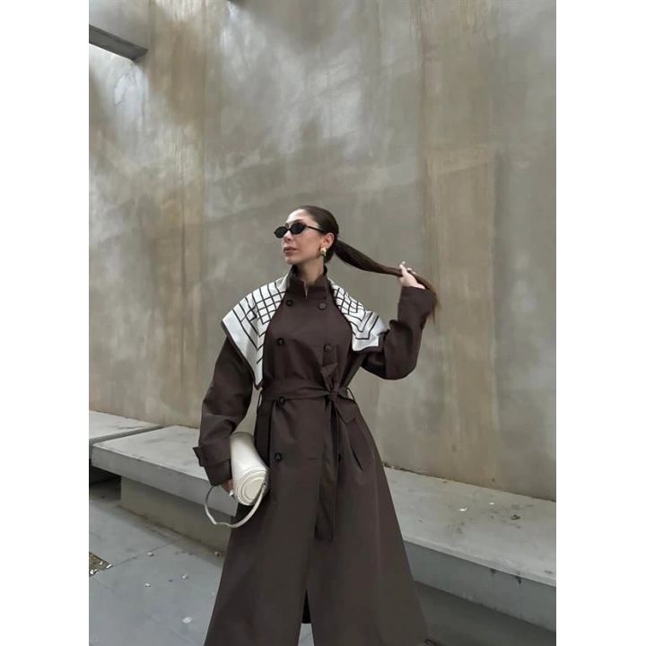 Fularlı Oversize Premium Kahve Trençkot