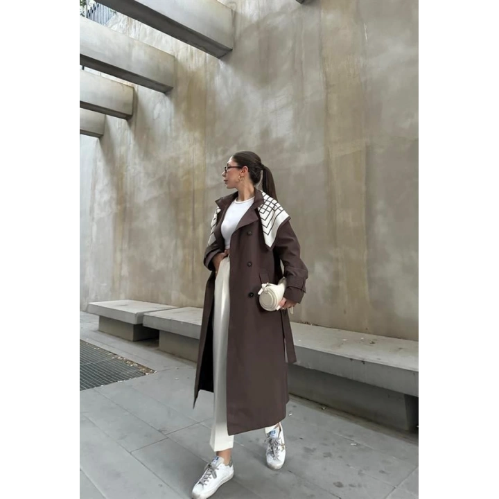 Fularlı Oversize Premium Kahve Trençkot