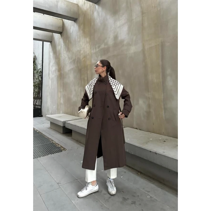 Fularlı Oversize Premium Kahve Trençkot