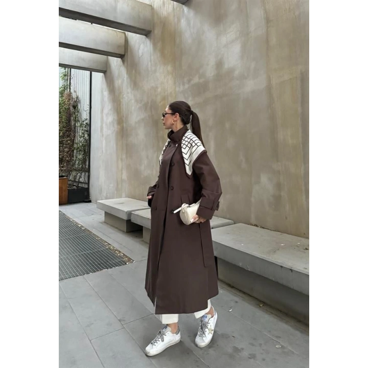 Fularlı Oversize Premium Kahve Trençkot