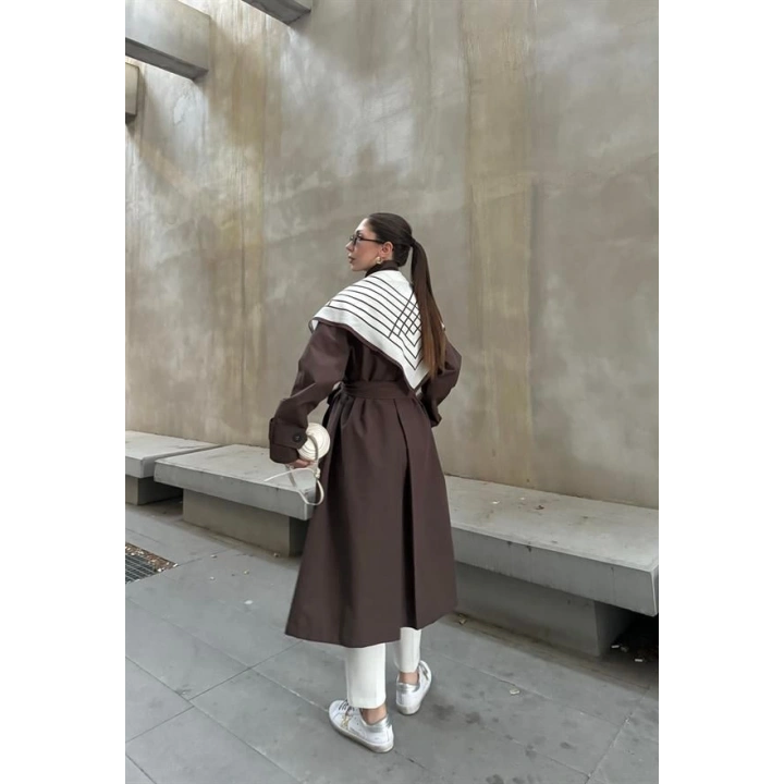 Fularlı Oversize Premium Kahve Trençkot
