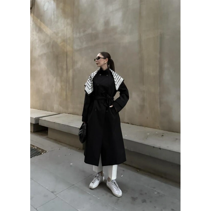 Fularlı Oversize Premium Siyah  Trençkot