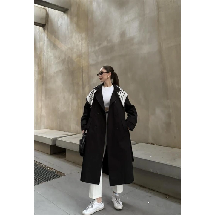 Fularlı Oversize Premium Siyah  Trençkot