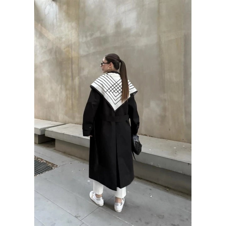 Fularlı Oversize Premium Siyah  Trençkot
