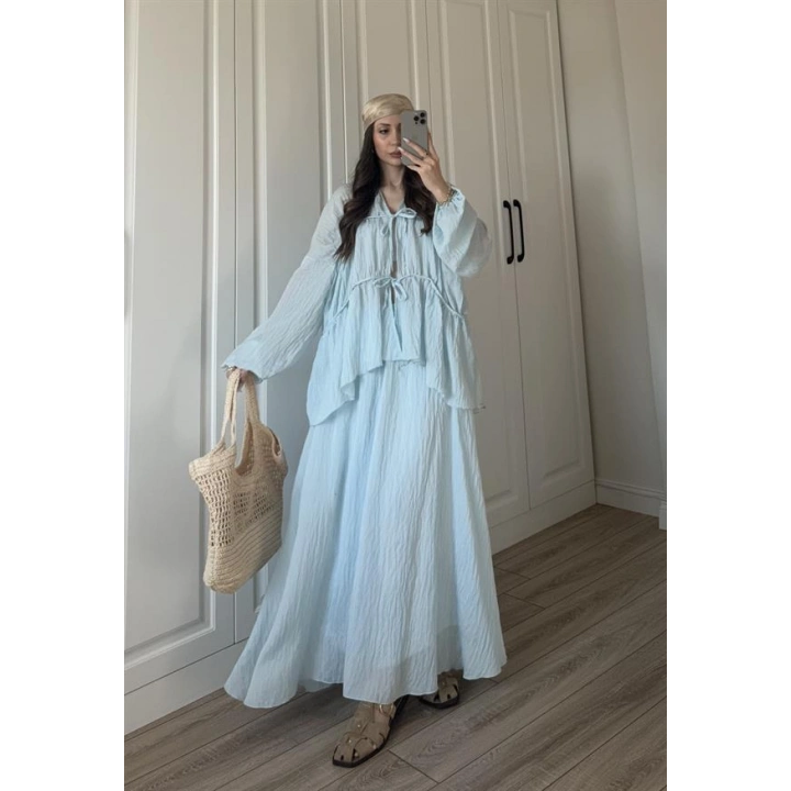 Gipeli Önü Bağlamalı Astarlı Bebe Mavi Kırışık Takım