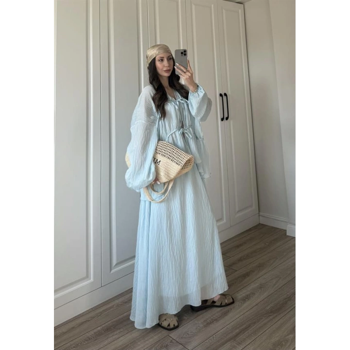 Gipeli Önü Bağlamalı Astarlı Bebe Mavi Kırışık Takım