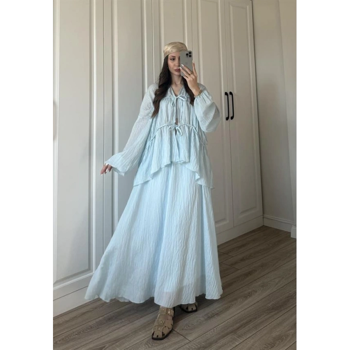 Gipeli Önü Bağlamalı Astarlı Bebe Mavi Kırışık Takım