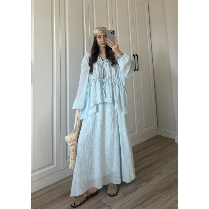 Gipeli Önü Bağlamalı Astarlı Bebe Mavi Kırışık Takım