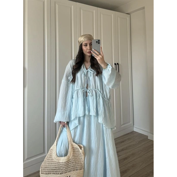 Gipeli Önü Bağlamalı Astarlı Bebe Mavi Kırışık Takım