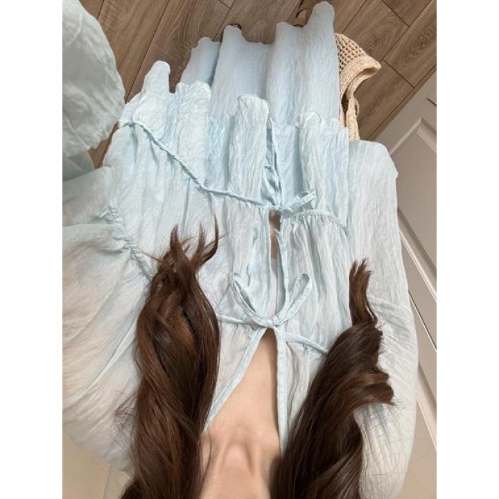 Gipeli Önü Bağlamalı Astarlı Bebe Mavi Kırışık Takım