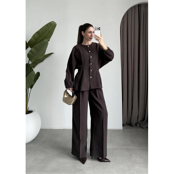 Gold Düğmeli Pile Detaylı Kahve Takım