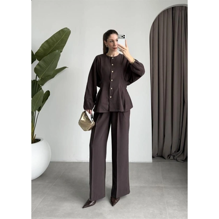 Gold Düğmeli Pile Detaylı Kahve Takım