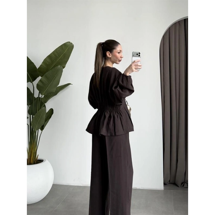 Gold Düğmeli Pile Detaylı Kahve Takım