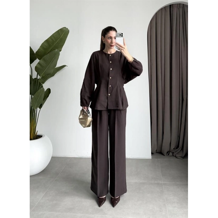 Gold Düğmeli Pile Detaylı Kahve Takım