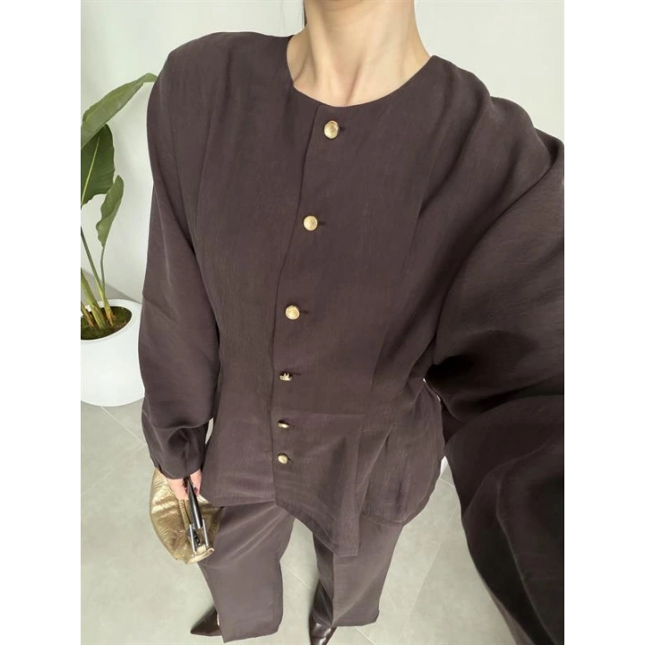 Gold Düğmeli Pile Detaylı Kahve Takım