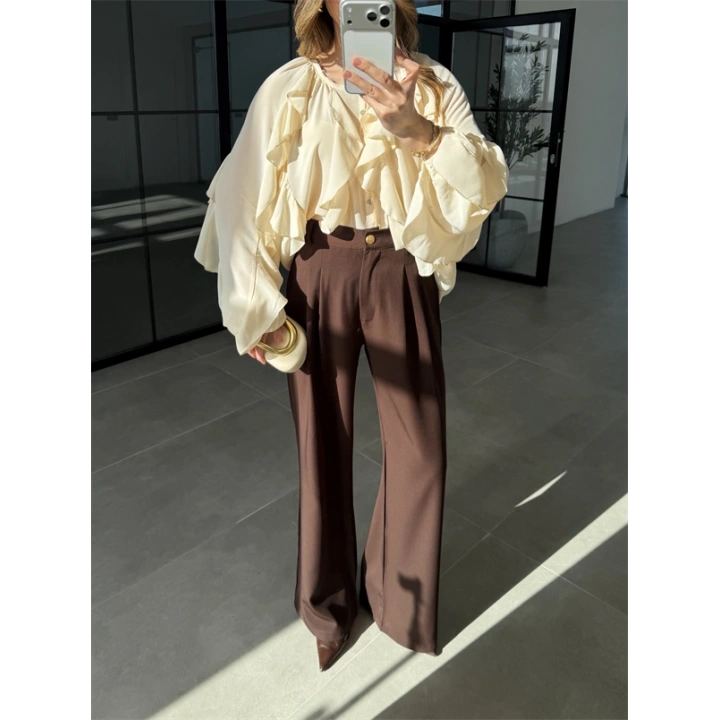 Gold Düğmeli Pileli Kahve Palazzo Pantolon