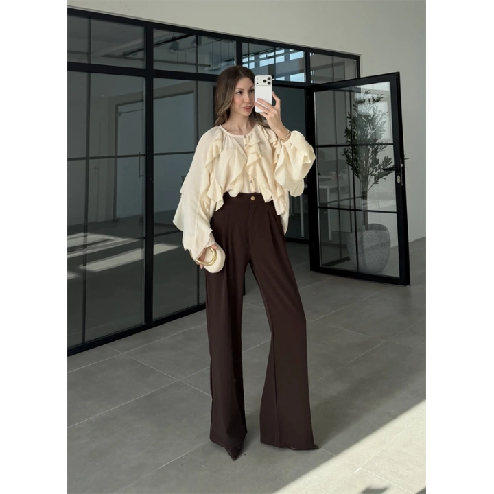 Gold Düğmeli Pileli Kahve Palazzo Pantolon