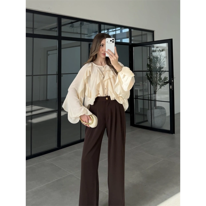 Gold Düğmeli Pileli Kahve Palazzo Pantolon