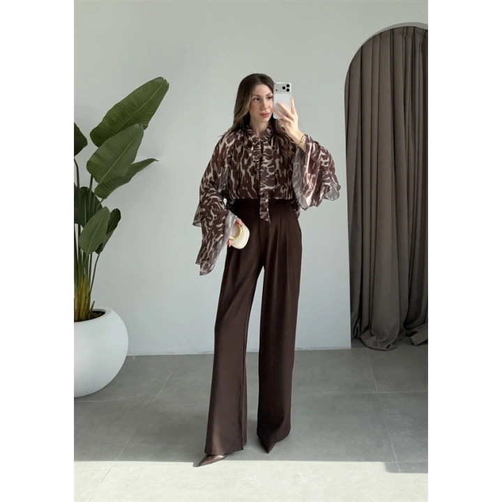 Gold Düğmeli Pileli Kahve Palazzo Pantolon