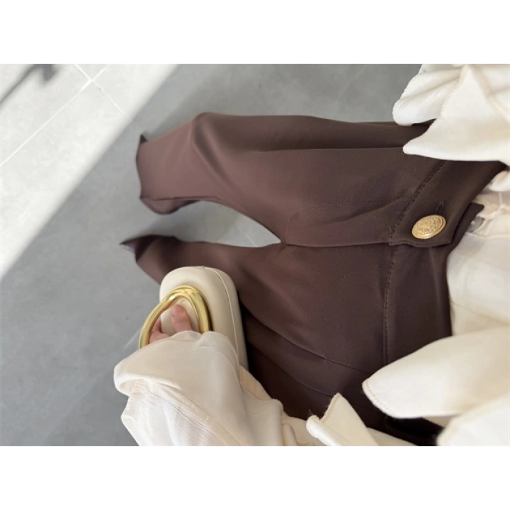 Gold Düğmeli Pileli Kahve Palazzo Pantolon